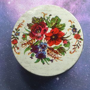 Vintage 1960's Needlepoint Round Floral Tin